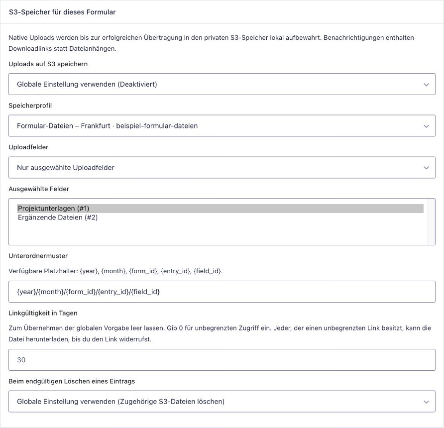 Form Settings for S3 Upload with Selected File Upload Fields