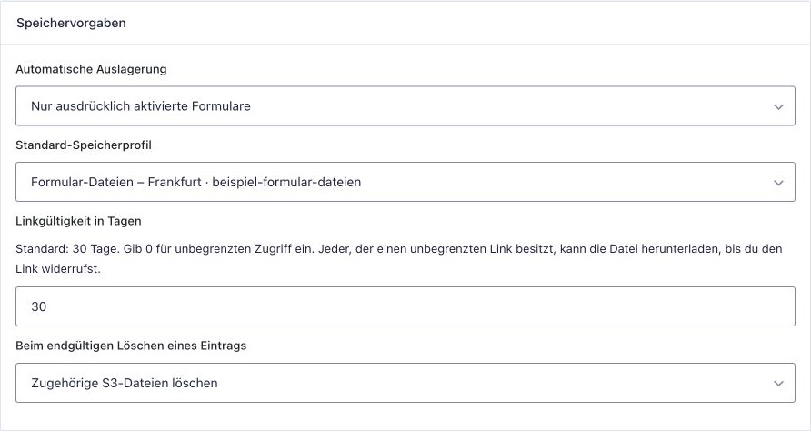 Global S3 upload settings with default profile, link duration, and deletion policy