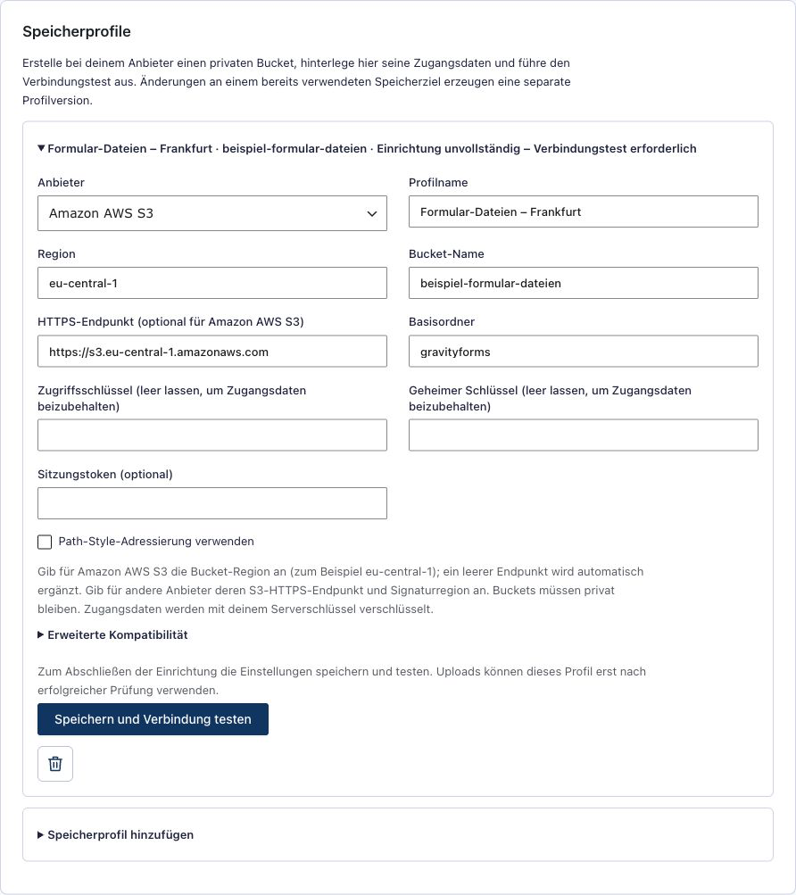 Storage profile for Amazon S3 in the German S3 upload interface